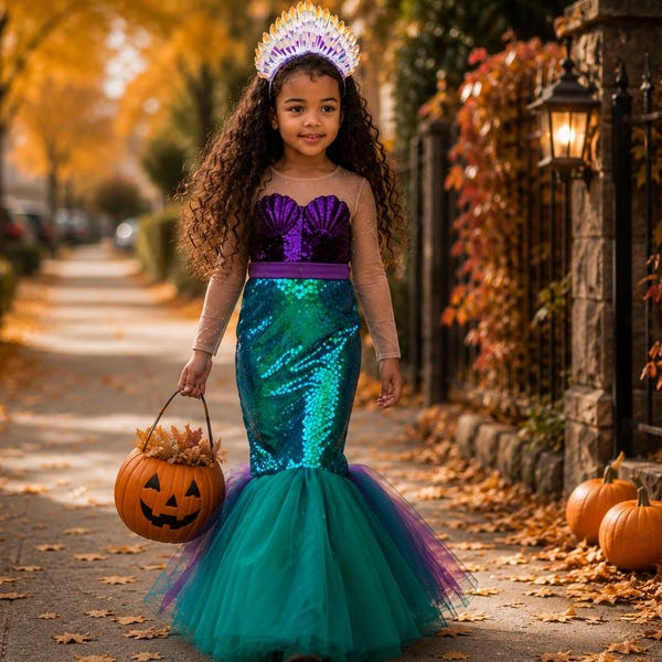 Girls Sea Witch Costume, Purple Green Mermaid Dress with Tulle Tail, Halloween Ocean Princess Outfit,  Dress for Toddler 1-10 Years