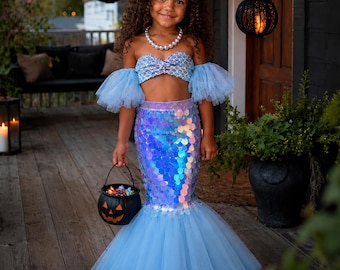 Silver Shimmer Mermaid Costume for Girls, Sequin Tulle Skirt, Mermaid Birthday Outfit, Halloween Costume, Photo Shoot Dress, Ages 3-8