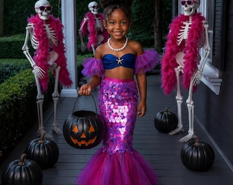 Blue Pink Mermaid Costume for Girls, Mermaid Tail Skirt Set, Ocean Princess Halloween Outfit, Birthday Dress Up 3-8 Years