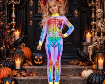Rainbow Bones Girls Costume, UV Reactive Halloween Bodysuit, Kids 2-10 Years