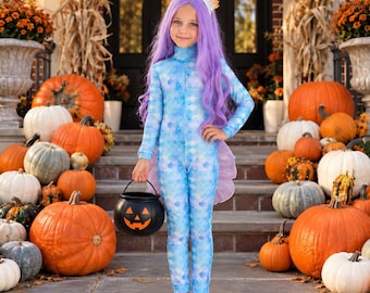 Iridescent Mermaid Jumpsuit for Girls, Blue Scale Halloween Costume, Sea Princess Bodysuit, Magical Photoshoot Outfit, Ages 2-10