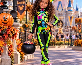 Neon Skeleton Jumpsuit for Girls, UV Glow Halloween Costume, Colorful Bones Outfit 2-10Y