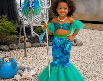 Turquoise Mermaid Costume for Girls, Aqua Sequin Mermaid Set, Ocean Princess Outfit, Birthday Halloween Dress Up, Two Piece 3-8Y