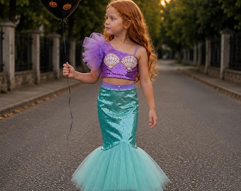 Mint Mermaid Costume for Girls, Purple Sequin Top, Mint Sequin Tail Skirt, Halloween Mermaid Outfit, Birthday Dress Up, 1-10Y