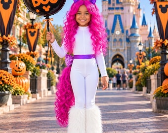 White Pony Costume for Girls, Pink Mane Horse Jumpsuit, Kids Halloween Pony Outfit 2-10 Years