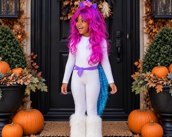 Magical Pony Girl Costume, White Halloween Jumpsuit with Colorful Tail, Kids Fantasy Outfit 2-10 Years