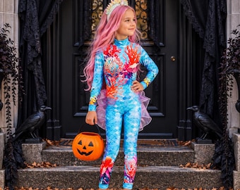 Ocean Mermaid Halloween Jumpsuit for Girls, Colorful Sea Princess Costume, Underwater Party Outfit, Photoshoot Bodysuit, Ages 2-10