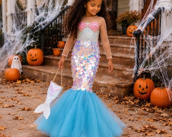 Mint Rainbow Mermaid Halloween Dress for Girls, Pearl Sleeve Mermaid Costume, Sparkly Sequin Dress with Tulle Train, Ocean Princess 1-10Y