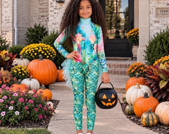 Girls Mermaid Jumpsuit Costume, Under the Sea Halloween Outfit, Mermaid Bodysuit for Photoshoot, Birthday Costume, Ages 2-10