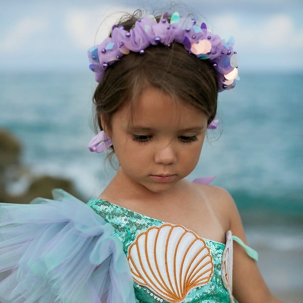 Mermaid Tiara, Satin Boho Wedding Girl Headpiece, Purple Toddler Crown, Flower Girl Tiara,  Headband Gift for Birthday and Christmas