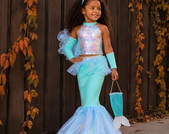 Mint Mermaid Costume for Girls, Sequin Top and Mermaid Skirt with Organza Train, Halloween Birthday Outfit
