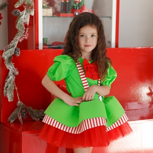 Kids Christmas Dress, Santa First Christmas Dress, Green and Red Party Outfit, Elf Cosplay Costume, Christmas Party Attire for Girl image 1