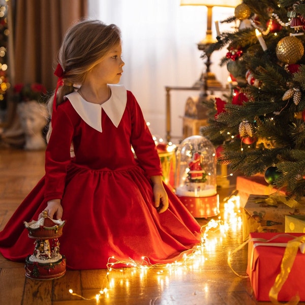 Enchanting Christmas Princess Red Velour Dress with Collar and Tutu Skirt - Holiday Baby Girl Outfit