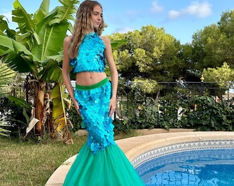 Disfraz de Sirena de Fantasía para Cosplay / Conjunto de Sirena Turquesa para Adolescentes: Top de Lentejuelas + Falda de Sirena (14-19 Años), Azul Oscuro/Plateado, Corona Opcional