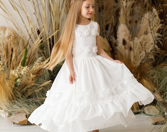 Robe de fille de fleur en dentelle Boho ivoire Robe maxi en dentelle victorienne pour les tout-petits Tenue rustique chic pour tout-petits