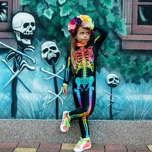 Rainbow Skeleton Halloween Jumpsuit for Girls, Spooky Bodysuit, Costume for Girls, Perfect for Trick or Treat and Dress-up Toddler Party