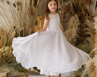 Bohemian Lace Dress, Beach Flower Girl Dress, Rustic Maxi Dress for Toddlers, White Boho Style Gown, Chiffon Boho Dress