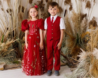 Marsala linen page boy suit with suspender pants vest and bow tie for family photo, toddler wedding ring bearer outfit with straps trousers