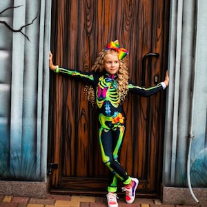 Kids Halloween party costume, girls skeleton bones bodysuit, funny sugar skull jumpsuit, Trick or Treat, Day of the Dead
