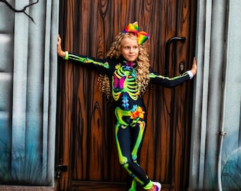 Kids Halloween party costume, girls skeleton bones bodysuit, funny sugar  skull jumpsuit, Trick or Treat, Day of the Dead