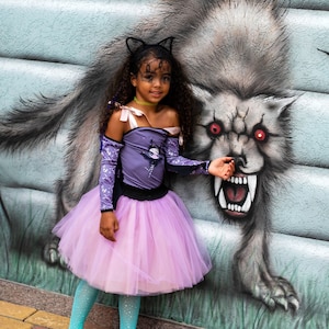 Halloween bat girl costume, gothic party pink tutu, black bat ears headband with veil, purple long sleeve top, vampire / witch costume