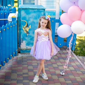 Mermaid birthday dress, sea princess girl tutu, purple wedding party outfit, special occasion dress