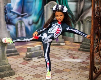 Kids gothic Halloween costume, girls scary skeleton bodysuit, creepy cute skull jumpsuit, Trick or Treat party, black & white Day of Dead