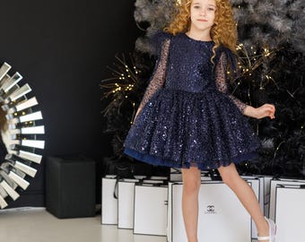 Navy Blue Sparkling Girls Christmas Party DressTwinkling Star Princess Gown, Elegant Kids Fashion, Holiday and Birthday Toddler Tutu Dress