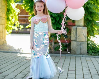 Mermaid tail party dress, sea princess birthday dress, holographic pageant girl costume, beach wedding sequin tutu, long sleeve dress
