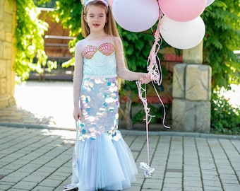 Mermaid tail party dress, sea princess birthday dress, holographic pageant girl costume, beach wedding sequin tutu, long sleeve dress