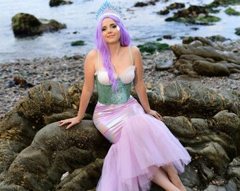 Conjunto de disfraz de cola de sirena: falda de sirena lavanda, diadema y corona para momentos mágicos: traje de fiesta de Halloween o Navidad