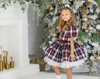 Festive Plaid Christmas Dress for Girls With Tulle Petticoat Party