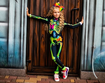 Kids Halloween party costume, girls skeleton bones bodysuit, funny sugar skull jumpsuit, Trick or Treat, Day of the Dead