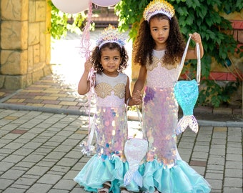 Mermaid tail princess dress, sequins holographic birthday outfit, shiny white seashell top, turquoise fishtail skirt, under the sea outfit