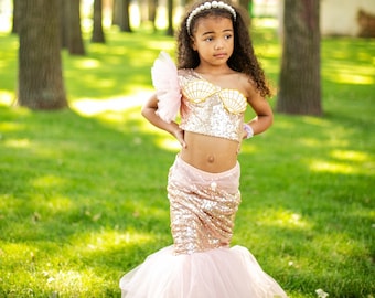 Two piece mermaid dress, toddler girl princess birthday, off shoulder blush pink top, tulle feather fishtail skirt