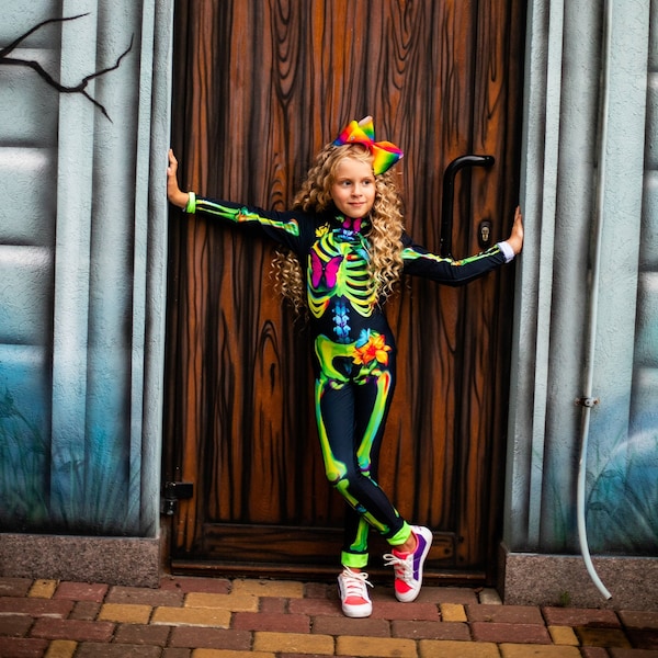 Kids Halloween party costume, girls skeleton bones bodysuit, funny sugar skull jumpsuit, Trick or Treat, Day of the Dead