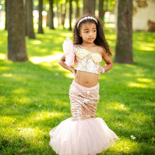 Two piece mermaid dress, toddler girl princess birthday, off shoulder blush pink top, tulle feather fishtail skirt