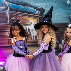 Matching sisters Halloween costume, gothic witch & pirate tutu, vampire bat girl outfit, fantasy kids party