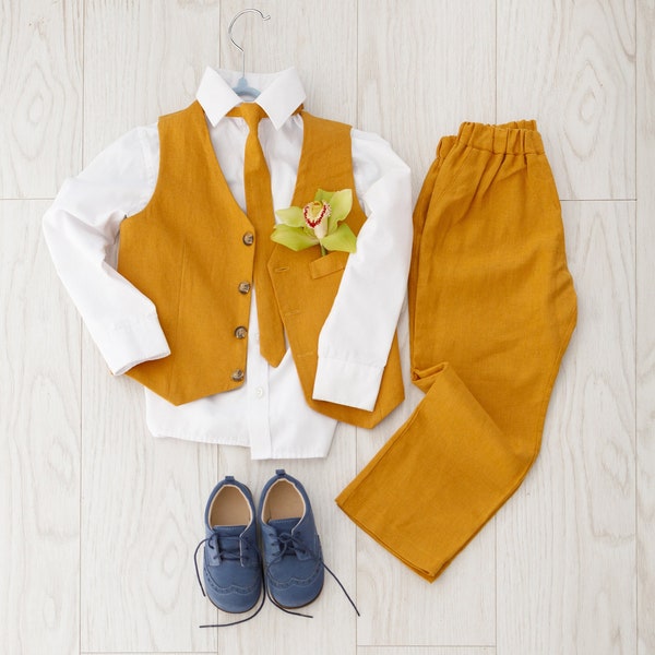 Linen Mustard Ring Bearer Outfit for Boys  Wedding Page Boy Suit with Adjustable Vest, Tie, Trousers - Toddler Formal Wear