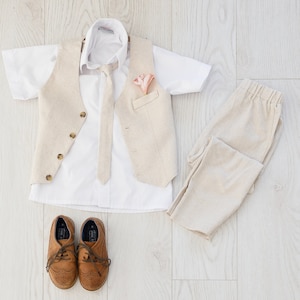 Natural Ring Bearer Outfit, Toddler Formal Wear for Wedding, Boys Linen Suit Set with Tie, Vest, and Pants