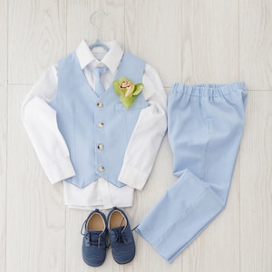 Sky Blue Ring Bearer Outfit for Boys  Linen Suit Set with Tie, Vest, and Pants Wedding Page Boy Suit Set
