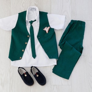 Emerald Green Linen Ring Bearer Outfit, Toddler Formal Wear, Wedding Page Boy Suit Set