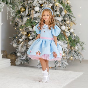 Girls&#39; Blue Christmas Dress Festive Gingerbread House Dress for Girls Christmas Party Gown  Kids 1 9 Yrs  Winter Holiday Outfit