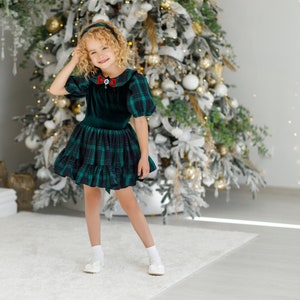 Girls&#39; Christmas Dress Dark Green Plaid with Red Bow,Festive Party Dress for Ages 1 9  Playful Holiday Outfit