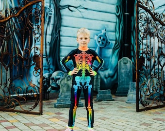 Tuta da scheletro arcobaleno per bambini, costume di Halloween