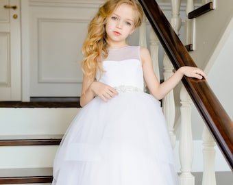 Wedding girl corset dress with sash belt, white flower girl tulle tutu, first birthday party, sweetheart communion dress, special occasion