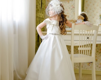 Ivory satin girl dress with bow tie, floor length wedding tutu, princess birthday party, rhinestone communion dress, christening ceremony
