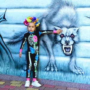 Kids Blue Halloween Bodysuit, Girls Halloween Costume, Butterfly Halloween Outfit, Girl Skull Costume