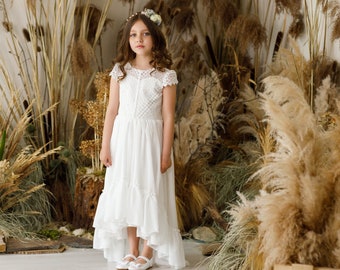 ボヘミアン レース フラワーガール ドレス アイボリー 素朴なビクトリア朝風 ボヘミアン マキシドレス 幼児用 結婚式や特別な行事のためのフラワーガール ガウン