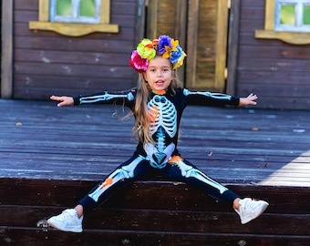 Kids Halloween Party Costume, Skeleton Bodysuit, Creepy Gothic Costume for Boys and Girls, Trick or Treat Outfit, Halloween Twins Costume